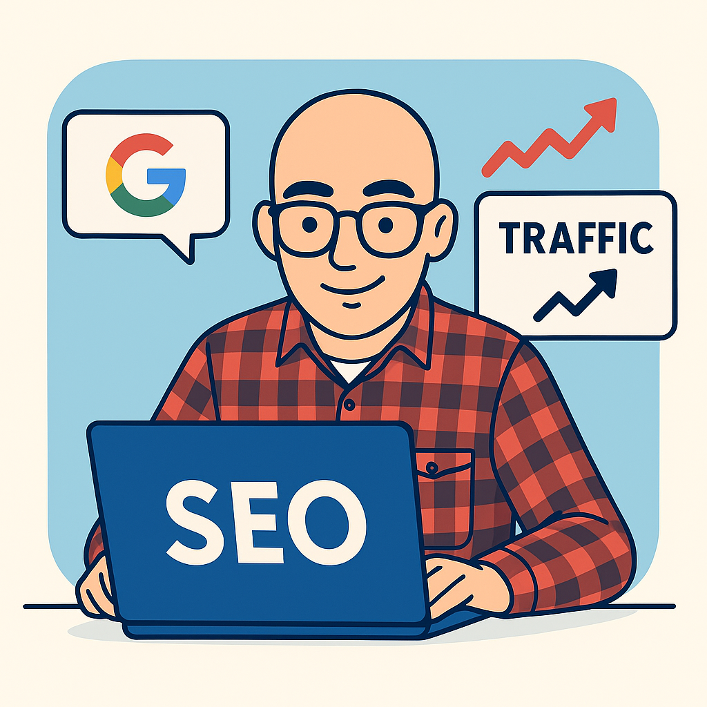 Илюстрация на SEO специалист, работещ на лаптоп с надпис SEO. Виждат се икони за Google и трафик с растяща графика.