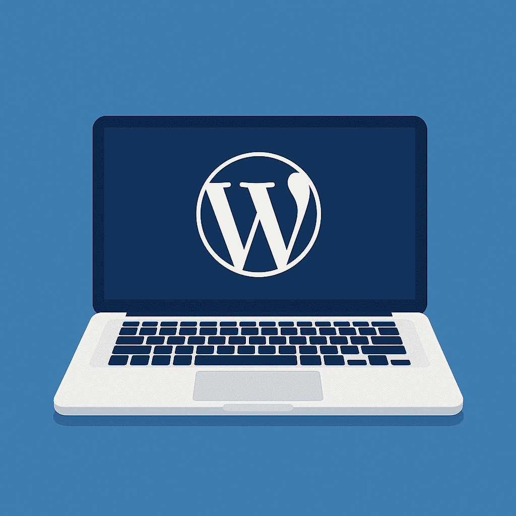 Минималистична илюстрация на лаптоп със син екран, на който е показано логото на WordPress. Фонът е в синьо, дизайнът е изчистен и професионален.